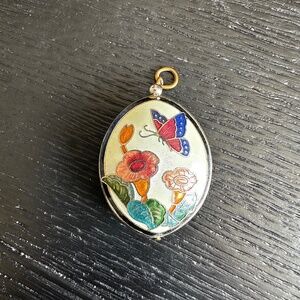 Vintage Double Sided Cloisonne Butterfly & Flowers Oval Pendant Cream Black Gold